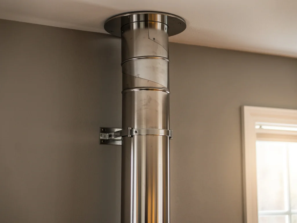 Conduit inox de poêle à granulés monté le long d'un mur intérieur